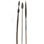 Three 20th Century Maasai Spears, one with small leaf shape blade on a long socket and short wood