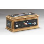 A French gilt bronze and pietra dura casket, late 19th century, set with five panels depicting birds