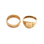 An 18 carat gold band ring, finger size N; and an 18 carat gold signet ring, finger size MGross