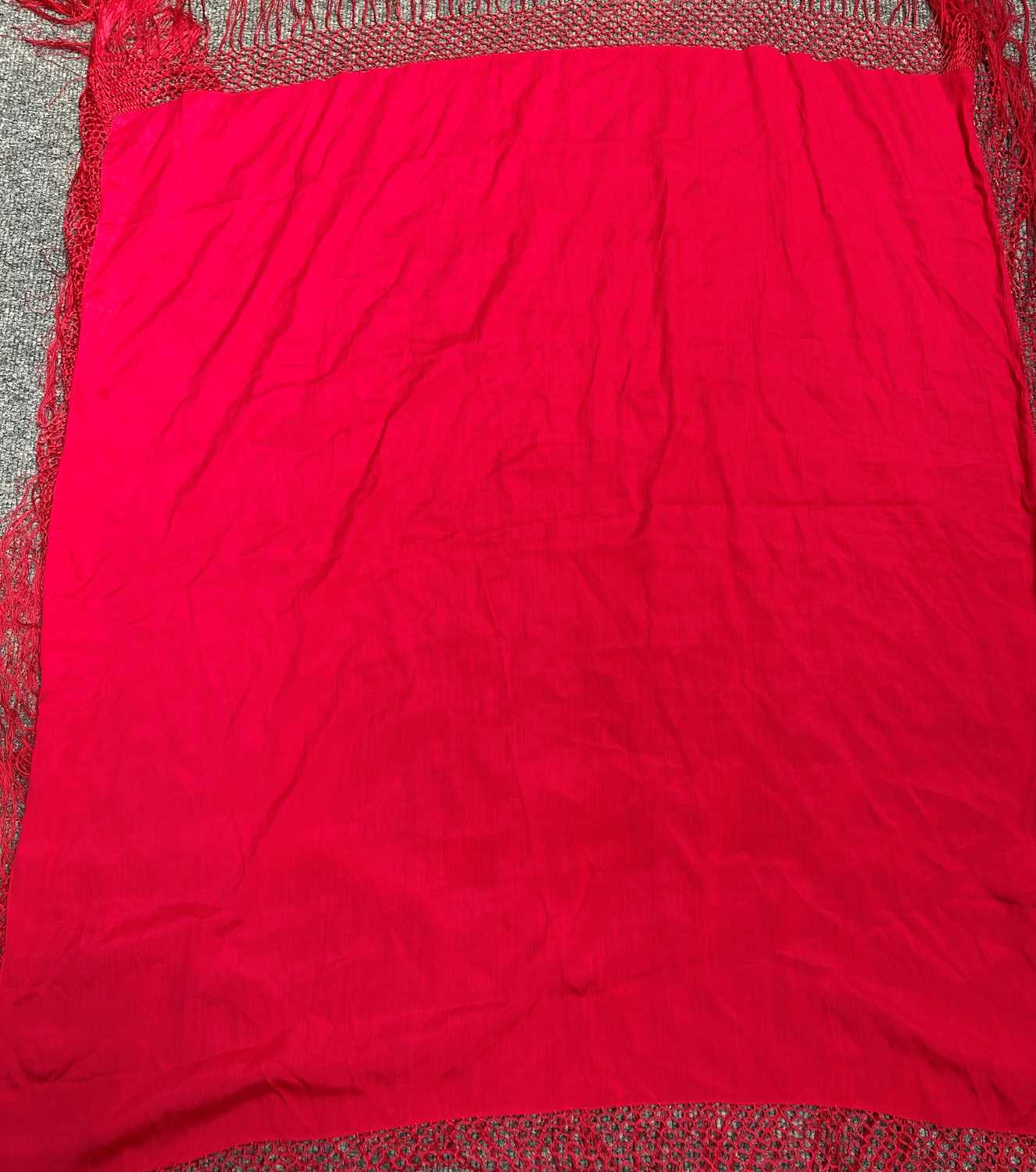Early 20th Century Silk Evening Shawls, comprising a bright pink example with fringing, 110cm - Image 7 of 8