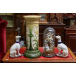 A Leeds Art Pottery jardiniere stand, impressed marks, together with a pair of glazed pottery mantel
