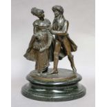 A patinated bronze figure group of a courting couple, 19th century, raised on a serpentine plinth,
