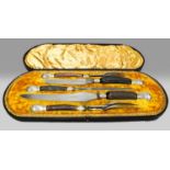 A Victorian five piece carving set by James Dixon & Sons, with antler and silver plated handles,