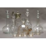 Various cut glass and etched decanters; together with a silver plate mounted claret jug (one tray)