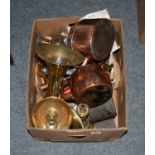A collection of assorted brass and copperwares, to include: an oval twin-handled tray, two