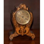 A rosewood inlaid striking mantel clock, circa 1840, inlaid case front with floral and bird