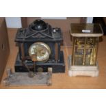 A brass and marble electric mantel clock, circa 1930, four glass case, marble base, 4-inch enamel