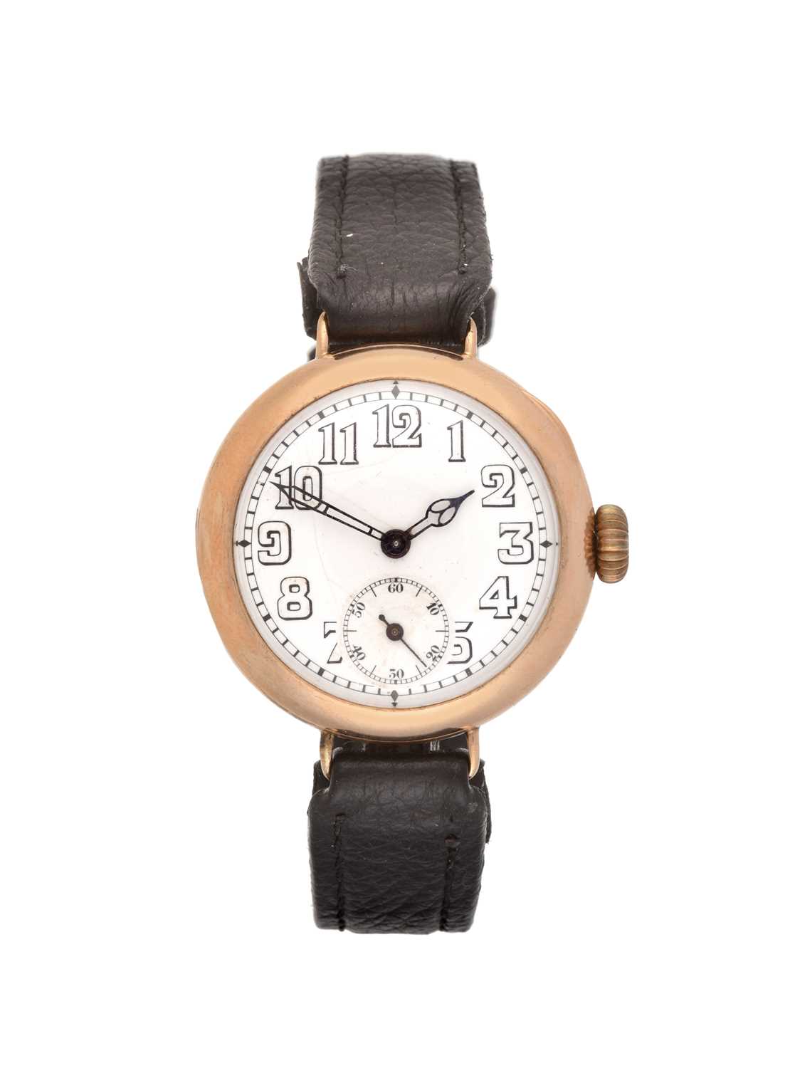 A 9 Carat Gold "Trench" Wristwatch, 1921, manual wound lever movement, enamel dial with Arabic