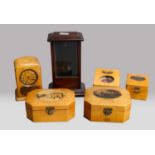 A collection of 19th century Mauchline ware boxes, together with various pocket watch holders, a hat