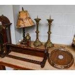 A 20th-century galleried twin-handled tray, an oak hanging wall rack, a pair of brass candle stands,