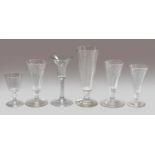 Three Georgian wrythen ale glasses and three further Georgian glasses including, a wine glass with