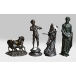 A pair of brass horse haymes, together with two bronze figures and two further patinated metal