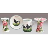 Two Wemyss pottery vases decorated with cabbage roses, a Wemyss pottery oversized mug painted with
