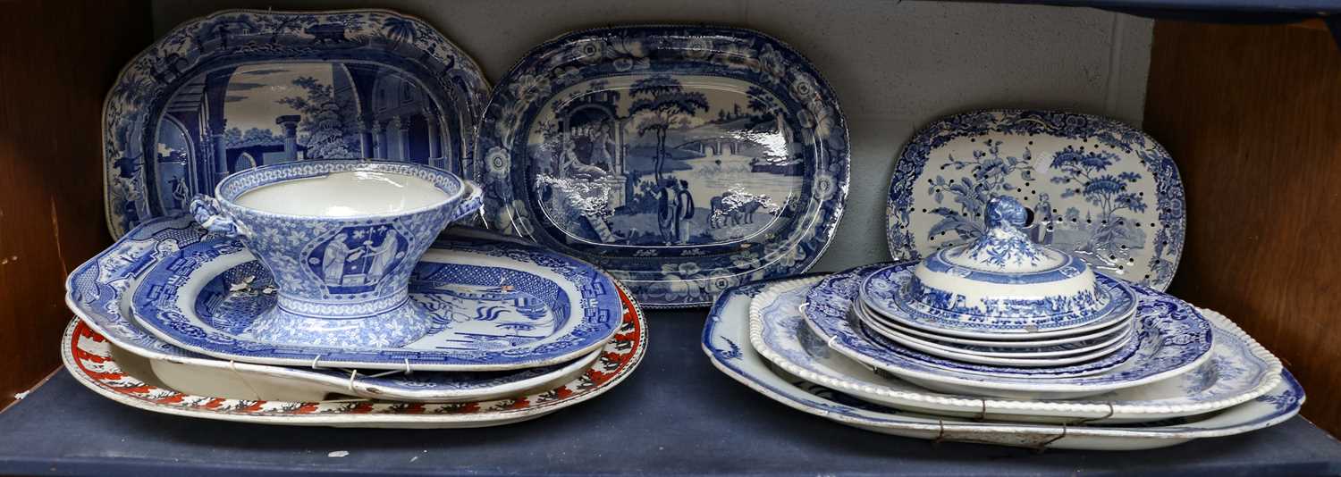 A Spode Caramanian series serving dish and a quantity of other 19th century blue and white and other