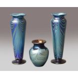 A pair of Okra glass iridescent petroleum vases of slender form, inscribed Okra 88 N TV No. 9,