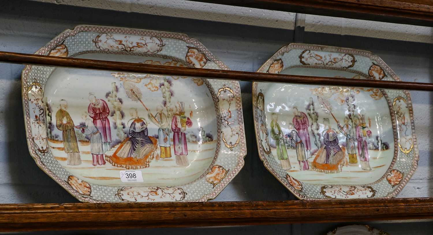 A pair of Chinese canted rectangular tureen stands, Qianlong, each painted in coloured enamels