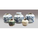 Three 19th century Chinese export blue and white ginger jars (covers lacking); together with two