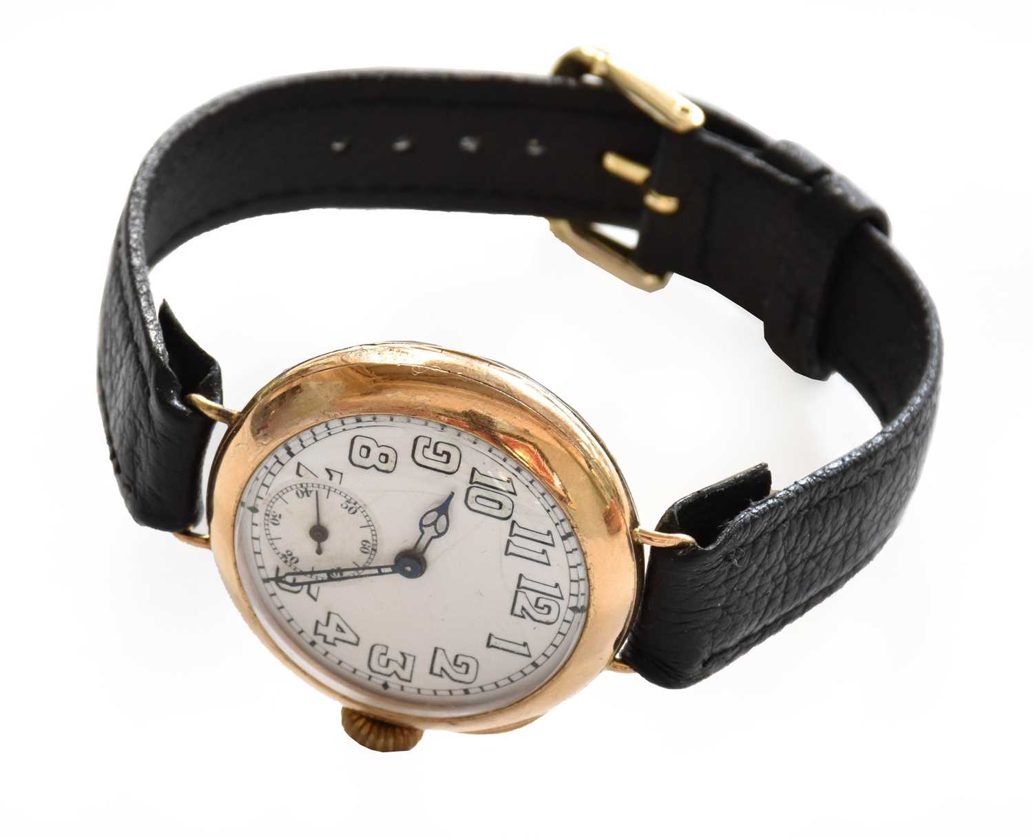 A 9 Carat Gold "Trench" Wristwatch, 1921, manual wound lever movement, enamel dial with Arabic - Image 9 of 9