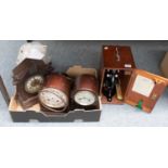 A microscope, Prior, London, 10718 and various mantel clocks including a Bakelite cased Smiths