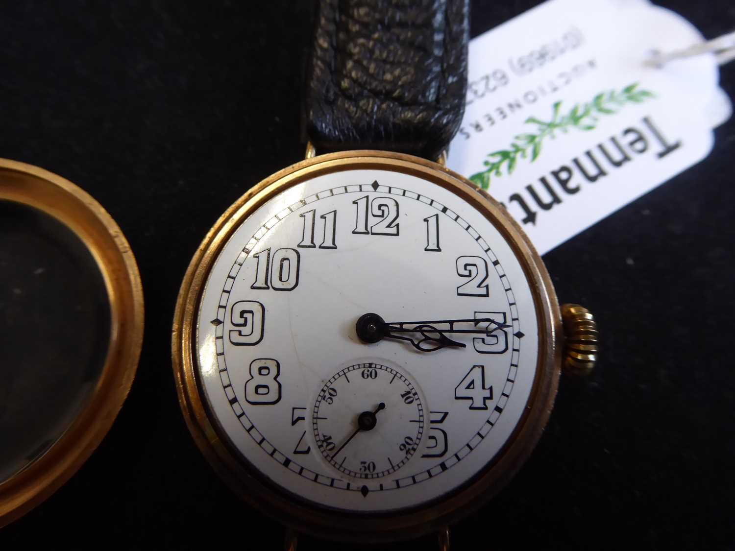 A 9 Carat Gold "Trench" Wristwatch, 1921, manual wound lever movement, enamel dial with Arabic - Image 8 of 9