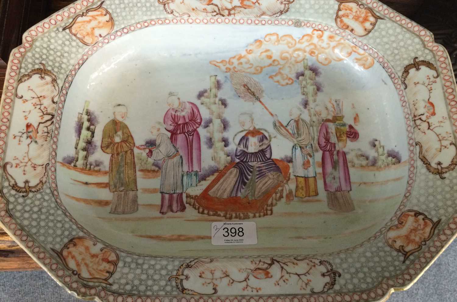 A pair of Chinese canted rectangular tureen stands, Qianlong, each painted in coloured enamels - Image 5 of 5