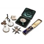 Two silver pocket watches, silver vesta, small group costume jewellery