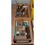 A watch/clock makers Boley staking tool, clock cleaning brushes, (in two wooden drawers)