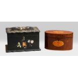 A Regency mother of pearl inlaid sewing box, a George III inlaid mahogany single tea caddy, and a