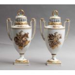 A pair of Dresden potpourri pedestal jars and covers by Helena Wolfsohn, with wreath moulded ring