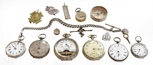 An eight-day open face silver plated pocket watch, two ladies fob watches, silver curb link chain,