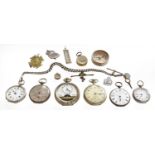 An eight-day open face silver plated pocket watch, two ladies fob watches, silver curb link chain,