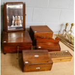 Two 19th century sewing boxes, three other 19th century boxes, and a table dressing mirror