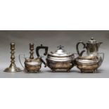 Three silver bon bon dishes, a pair of silver candlesticks (weighted) a silver and tortoiseshell
