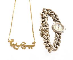 A necklace stamped '18K' and '750', length 46.5cm; and a silver watchNecklace - 7.4 grams. Watch -