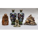 Oriental items including, a patinated metal buddha 31cm, a pair of Cloisonne vases, carved soapstone