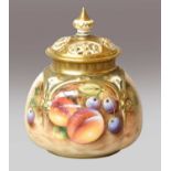 A Royal Worcester potpourri jar and cover, painted with peaches and grapes, printed black mark,