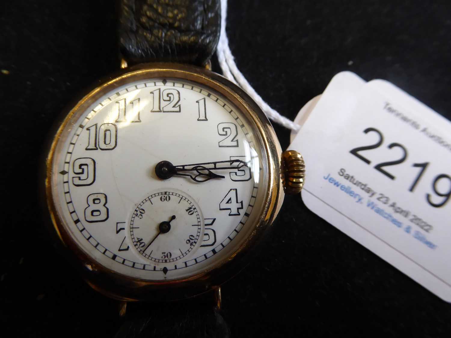 A 9 Carat Gold "Trench" Wristwatch, 1921, manual wound lever movement, enamel dial with Arabic - Image 6 of 9