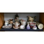 Two Royal Doulton figures, two pieces of Maling pottery, Crown Devon musical jug and other ceramics