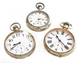 A nickel-plated Elgin ASU pocket watch and two nickel-plated traveling timepieces (3)