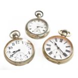 A nickel-plated Elgin ASU pocket watch and two nickel-plated traveling timepieces (3)