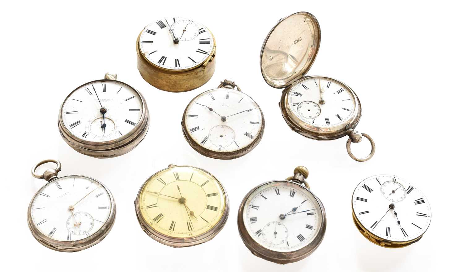 Four silver pocket watches, two silver plated pocket watches signed Tobias London and Cooper,