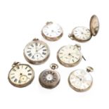 Five open faced silver pocket watches, silver half hunter pocket watch and a silver full hunter