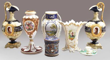 A pair of Rudolstadt porcelain ewers, together with a Bohemian glass vase (a/f), cloisonne and a