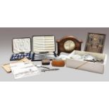 Perpetual calendar, silver cutlery, oak mantel timepiece, pocket knife, lighter etc