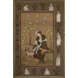 A late 19th century Quajar watercolour on silk, the lady taking tea with her dog, within a border