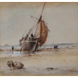 James Webb (1825-1895)Waiting for TideSigned, watercolour, 13.5cm by 15cmTime staining/oxidisation