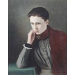 A portrait of a Victorian lady seated, half-length in a red scarf, possibly on a printed base,
