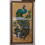 A 20th century framed fabric decoupage of a peacock incorparating real tail feathers, signed verso