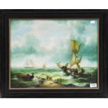 C* Chaplin (20th century)Extensive seascape with privateersSigned, oil on board, 38.5cm by 49cm