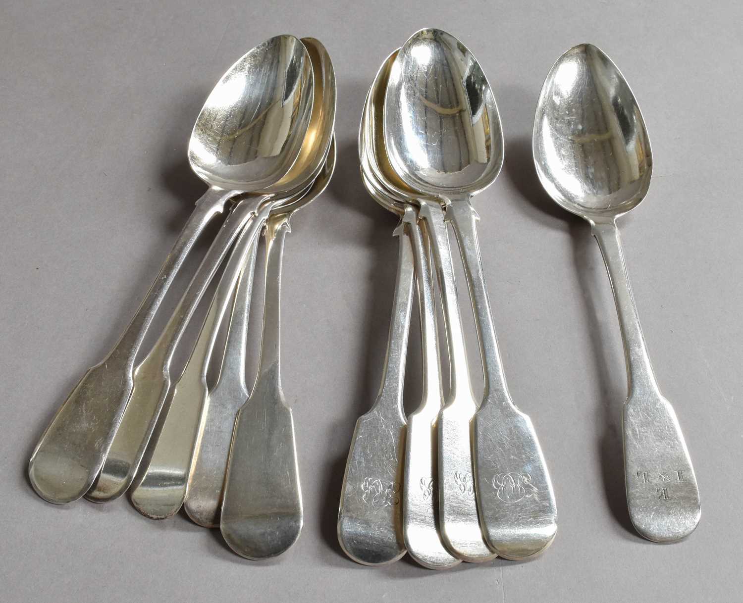 Ten George III and Later Silver Table Spoons, Various Makers and Dates, Fiddle pattern, some